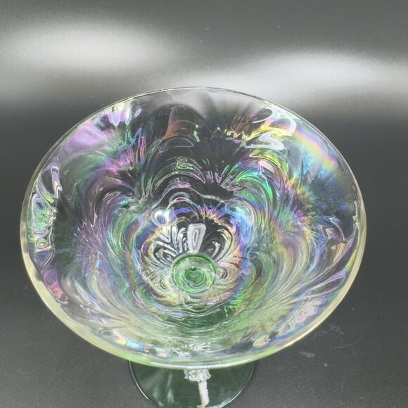 Uranium Stems Champagne Glasses Cups Herringbone Optic Iridescent Finish Set 2 - Picture 4 of 16